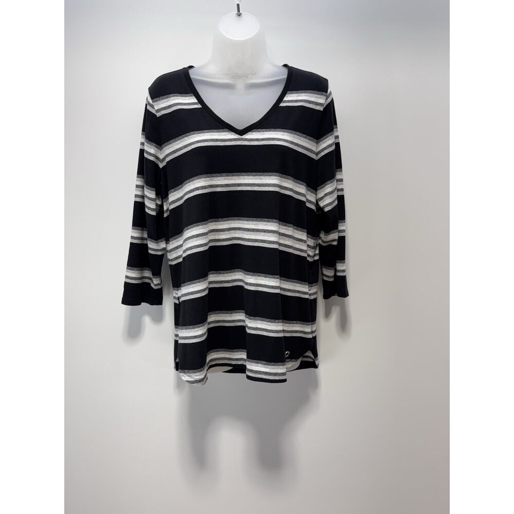 Calvin Klein Performance Long Sleeve Black Gray White Striped V-Neck Tee Size L